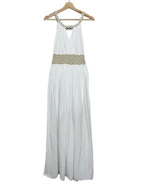 Cotton Gauze Grecian Goddess Cross Over Front Maxi Dress, White/Gold, S/M